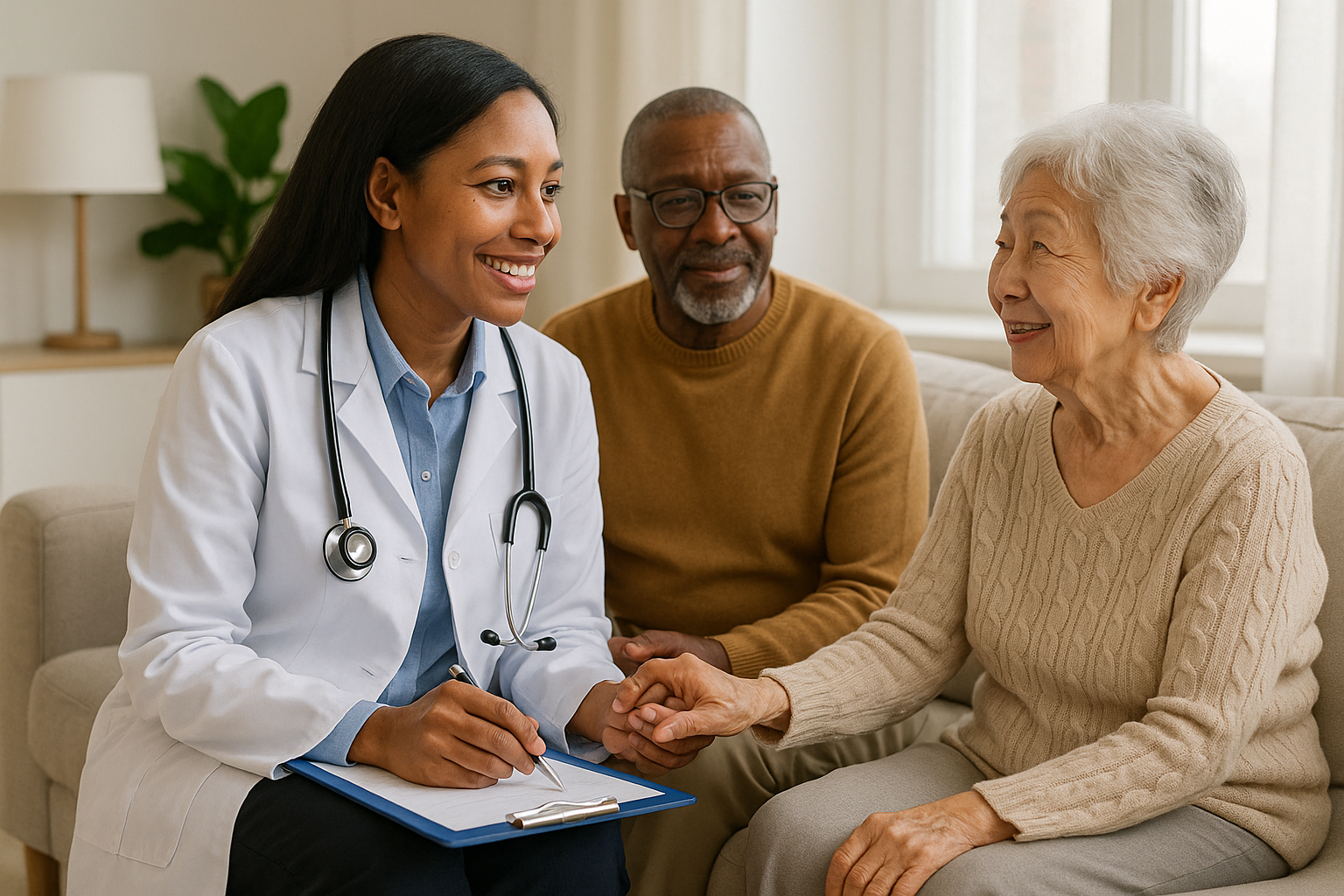A clinician talking with two older adults in their home